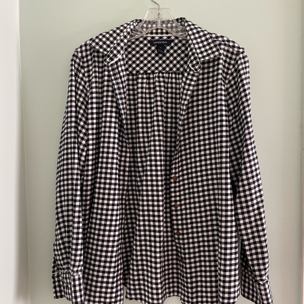 Lands' End Black and White Gingham Flannel Button Down Shirt